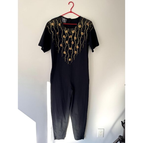 80s black embellished hand painted glitter seashell cotton pant jumpsuit romper - Picture 9 of 10
